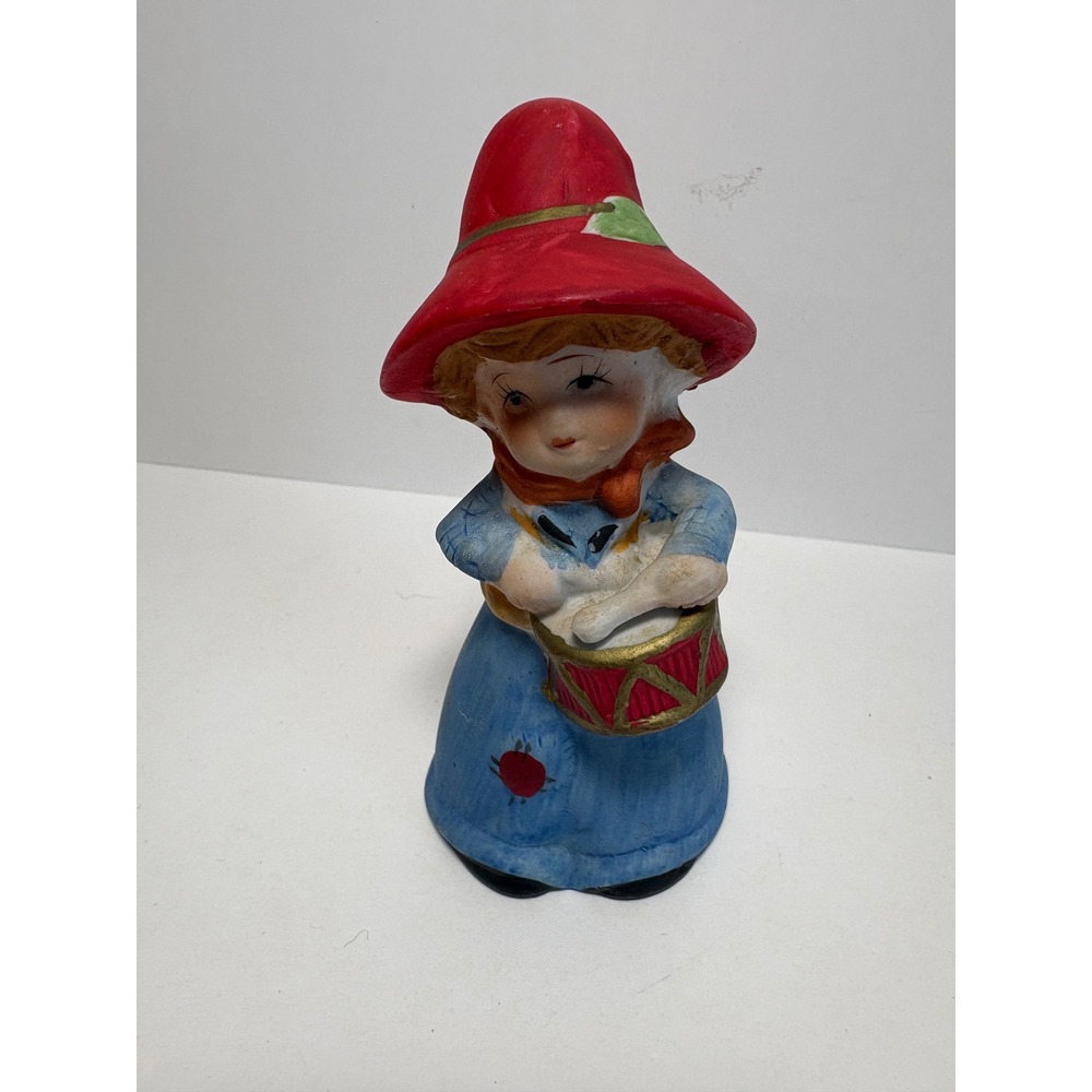 Vintage Jasco Bisque Porcelain Bell Girl Playing Drum Red Hat Blue Dress